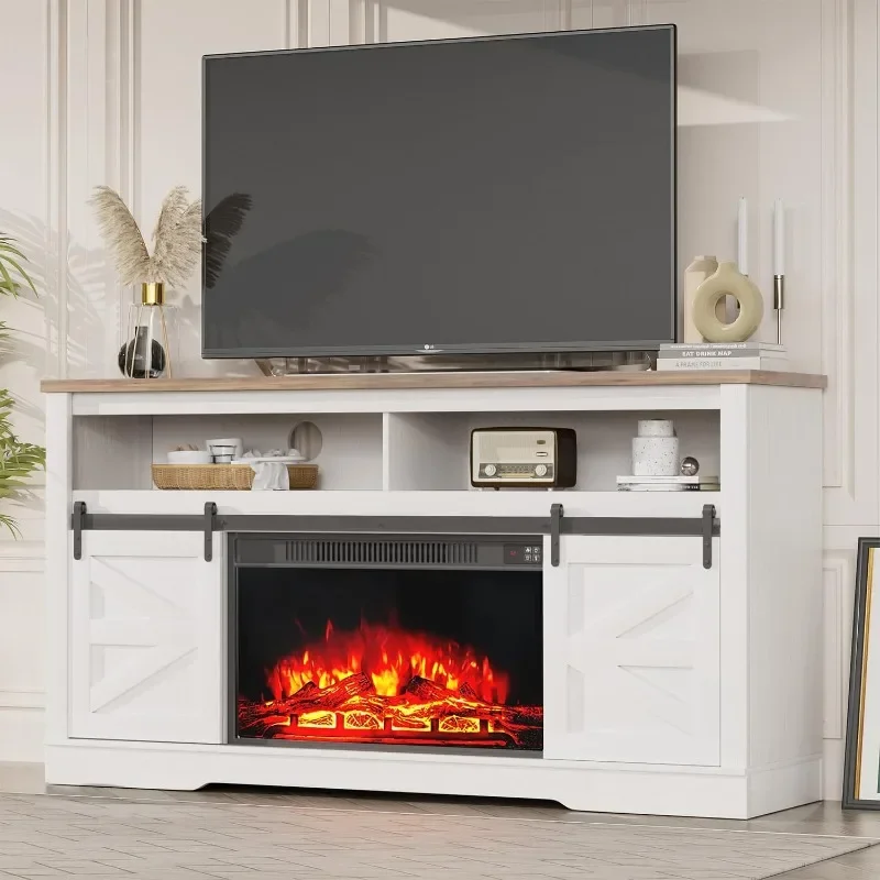 Fireplace TV Stand for Television up to 65+ Inch with Storage and Farmhouse Sliding Barn Doors, Entertainment Center