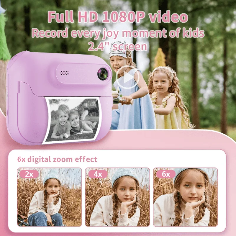 Fotocamera con stampa istantanea per bambini, fotocamera per bambini per fotocamera digitale HD 1080P da 5-1, 32 MP con 3 rotoli di carta per stampante