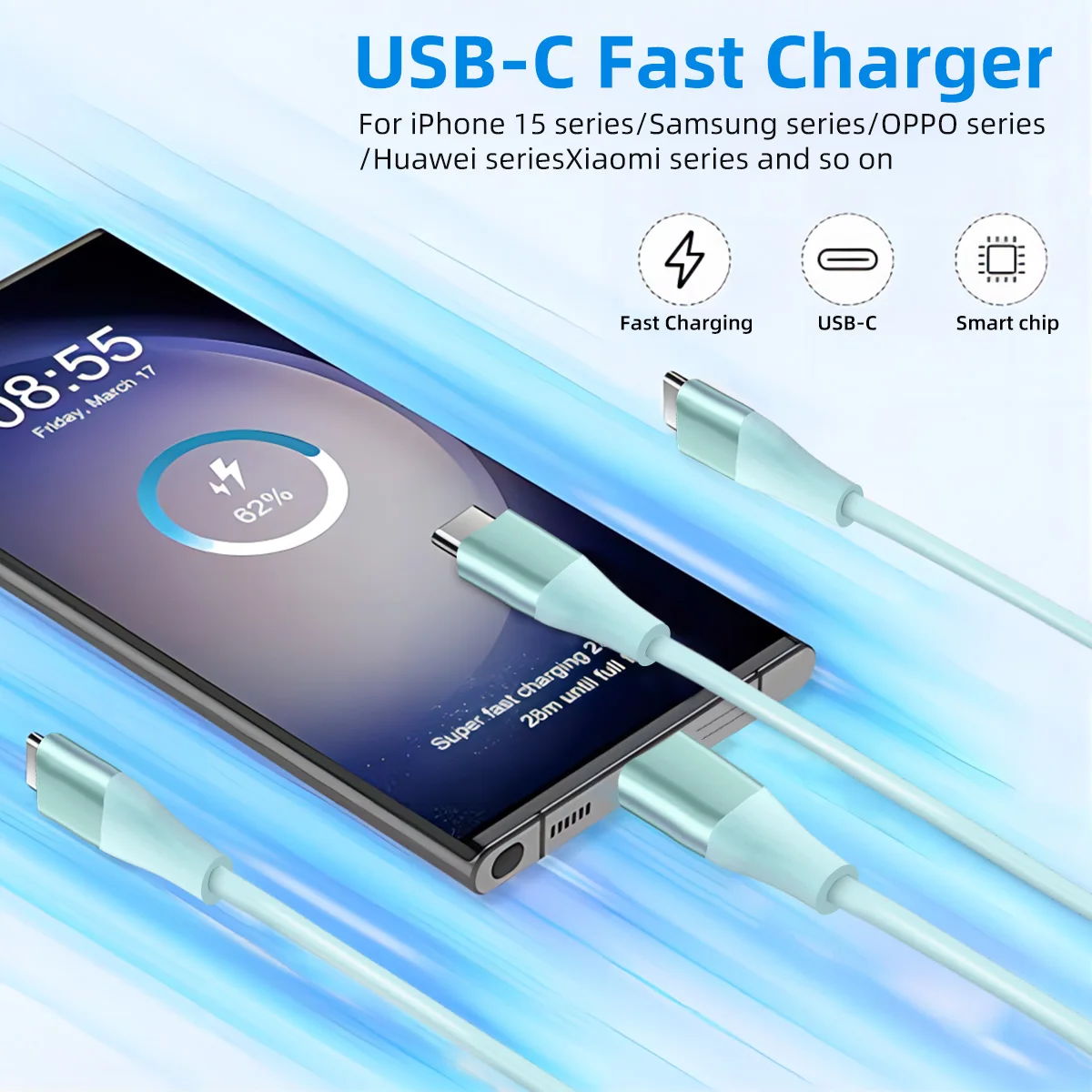 20W USB C to Type C Cable Fast Charging Power Cord for iPhone15/15Puls/15Pro/15Pro Max MacBook Pro Air/ 2020/2019/Huawei Series - náhled 3