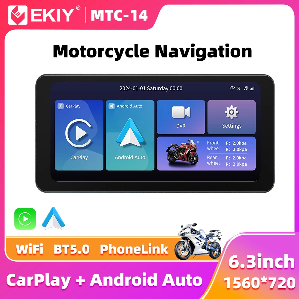 EKIY Wireless CarPlay Moto Android Auto 6.3 inch GPS Motorcycle Navigation Display Screen Portable Digital Motorcycle Dashboard