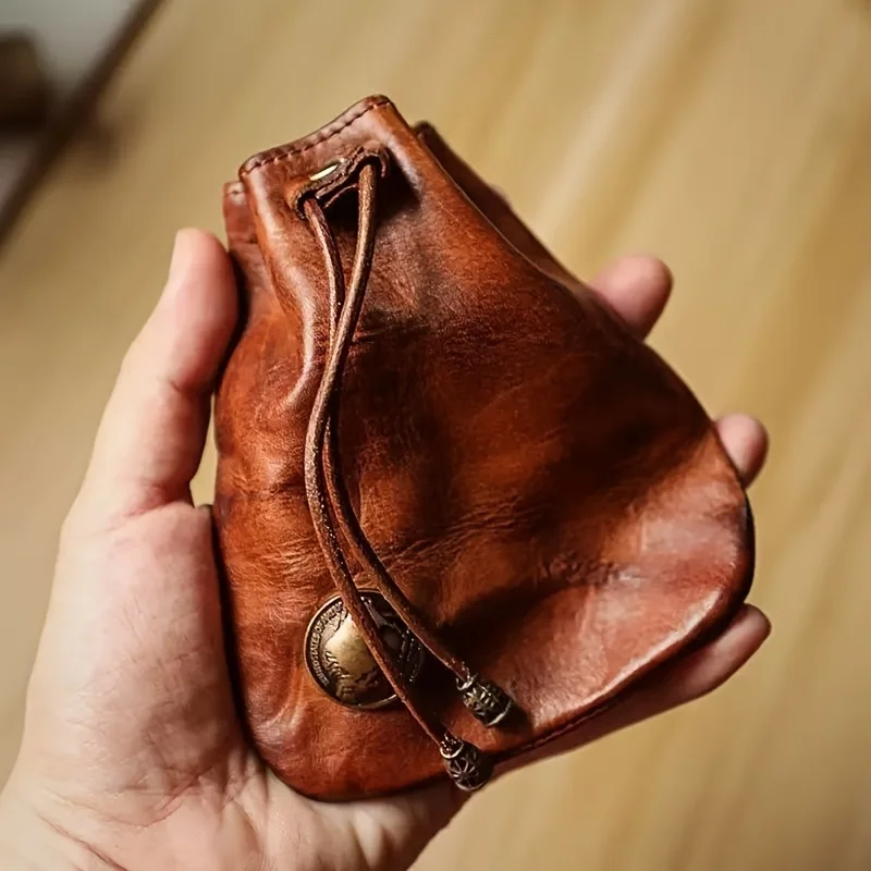 Vintage Vegetable-Tanned Leather Wallet, Pattern with Gold Hardware, Drawstring Zipper Coin Purse, Card Holder & Key Case