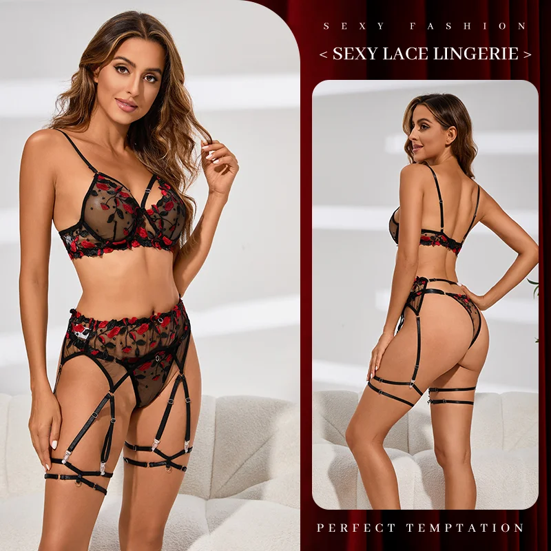 New Sexy Women Lingerie Set Lace Embroidery Push Up Bra Panties Sets Deep V Gather Top See-through Teddies Bodysuit Erotic Sexy