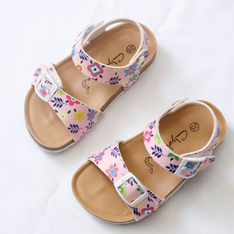 Summer Girls Sandals Printing Pu Leather Corks Open Toe Slides Flats with Shoes for School 2-12 Years Toddler