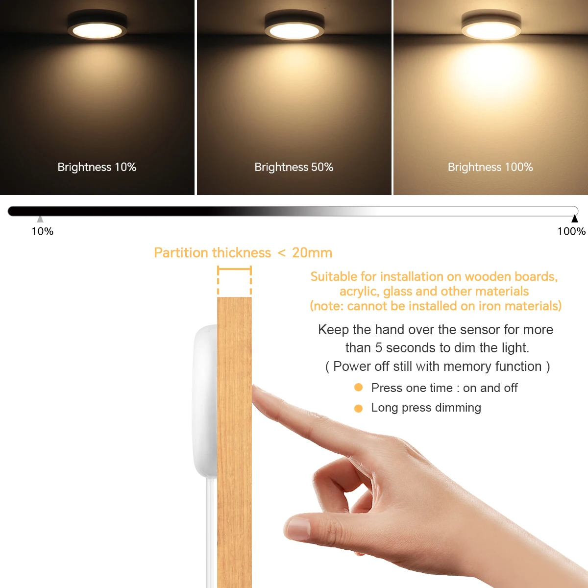 Super Thin LED Puck Lights with Hand Scan Sensor and Touch Dimmable Swtich 12V 5W Ceiling Light Wardrobe Cabinet Night Lighting