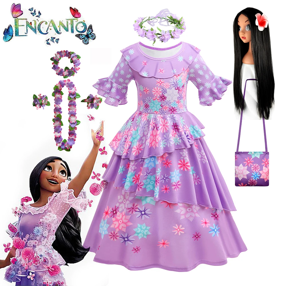 Costume Disney Encanto Isabela pour enfants, robe de princesse à manches bouffantes, fête d'anniversaire éducative, cosplay de carnaval, impression 2024