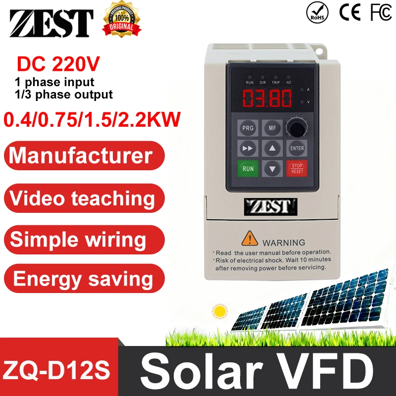 

Mini Solar VFD DC 220V 0.4/0.75/1.5/2.2KW Economical Variable Frequency Drive Converter for Motor Speed Control Inverter