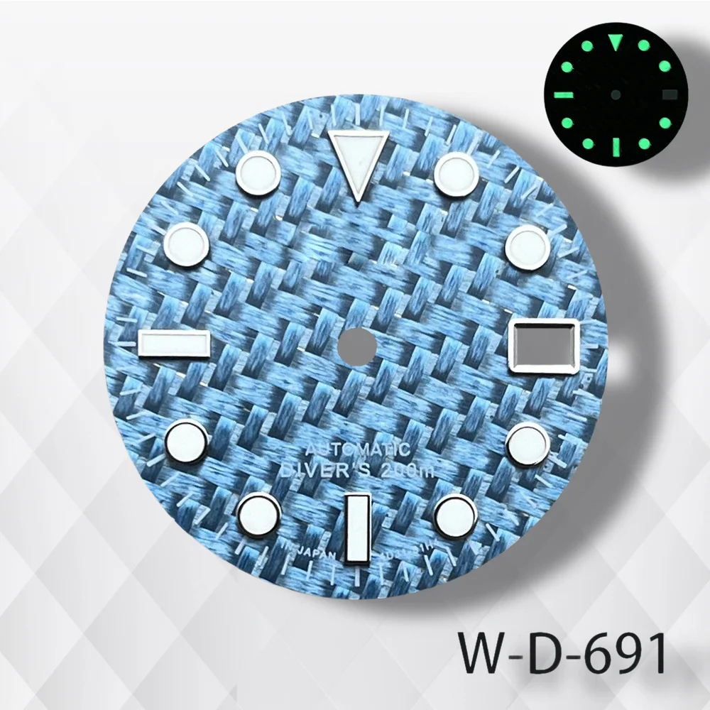 28.5mm S 로고 탄소 섬유 다이얼 NH35/NH36/4R/7S 무브먼트 녹색 빛나는 다이빙 고품질 시계 수정 액세서리