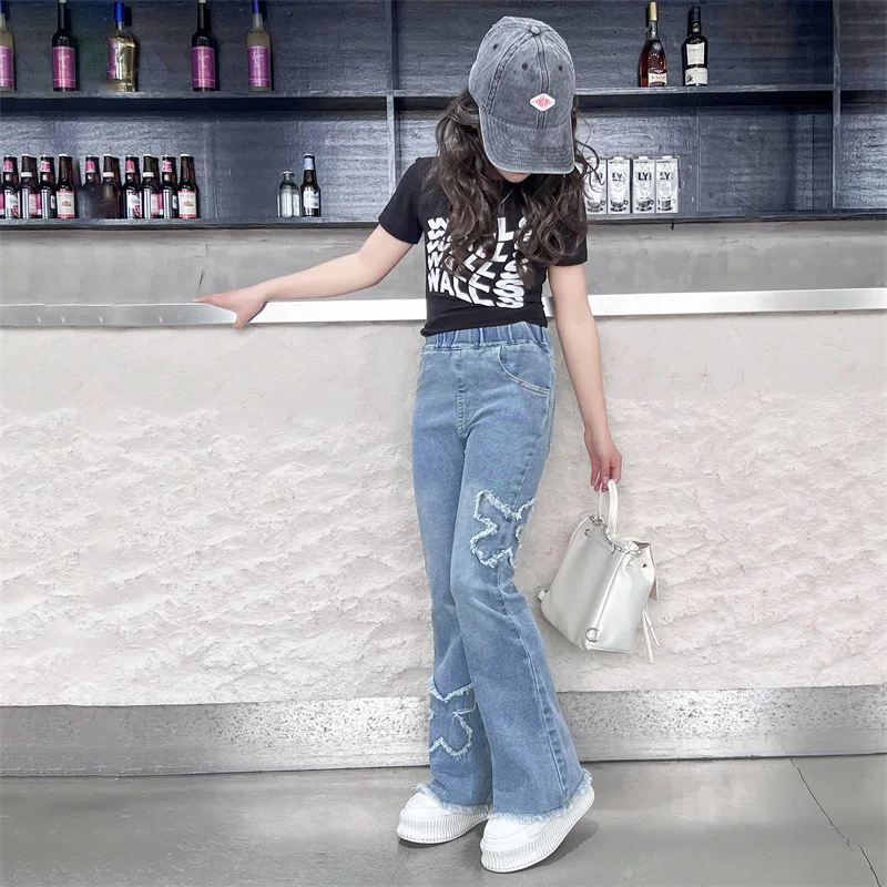 5-14 Years Girls Pants 2025 Spring Autumn Butterfly Teenager Girls Slim Jeans Retro Elastic Denim Children Girls Flared Pants