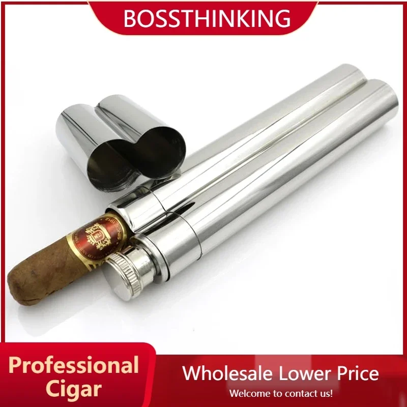 Stainless Steel Cigar Tube Humidor 2oz Two Tubes Cigar Hip Flask Cigar Box Travel Pocket Wine Container Tool  Travel Party Gift