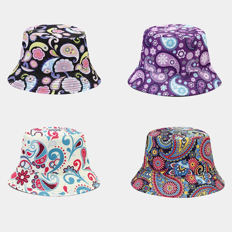 New Unisex Vintage Bucket Hat Men Women Paisley Flower Print Reversible Sun Cap Summer Panama Fashion Fishing Fisherman Hats