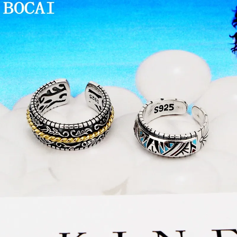 

Кольцо BOCAI S925 из чистого серебра в ретро-стиле с узором «Тан-трава» и синим покрытием, унисекс (мужские и женские модели)