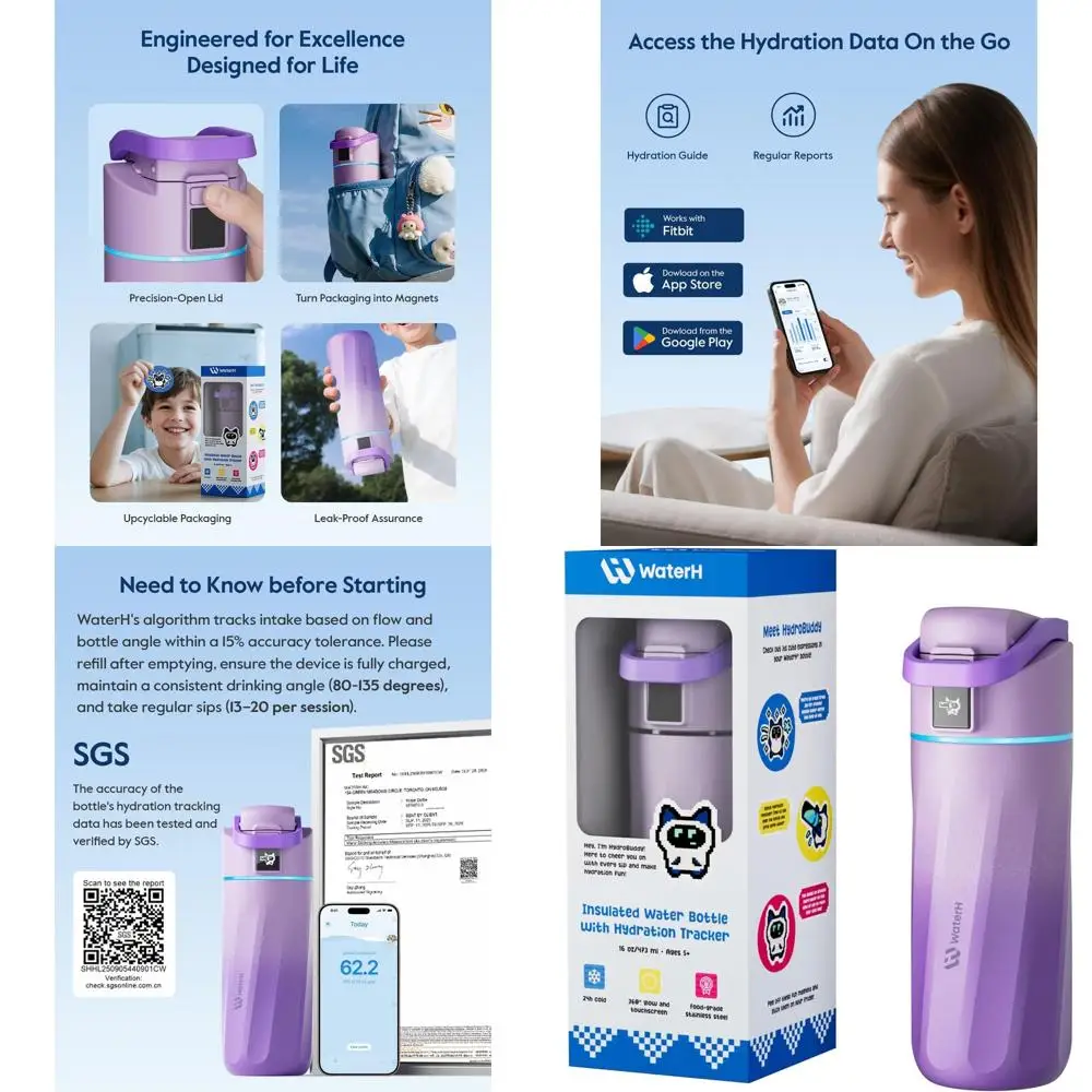 

Детская изолированная бутылка для воды емкостью 16 унций с напоминанием и трекером, нержавеющая сталь без BPA, идеально подходит для школы и подарков