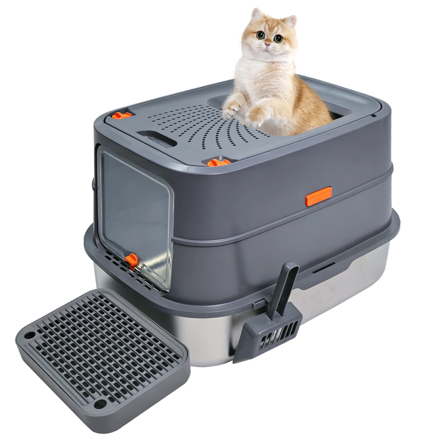Stainless Steel Cat Litter Box, Extra Large Full Enclosed with Lid & High Sided Tray, Anti-Leakage, 2-in-1 Fully/Semi-Enclosed