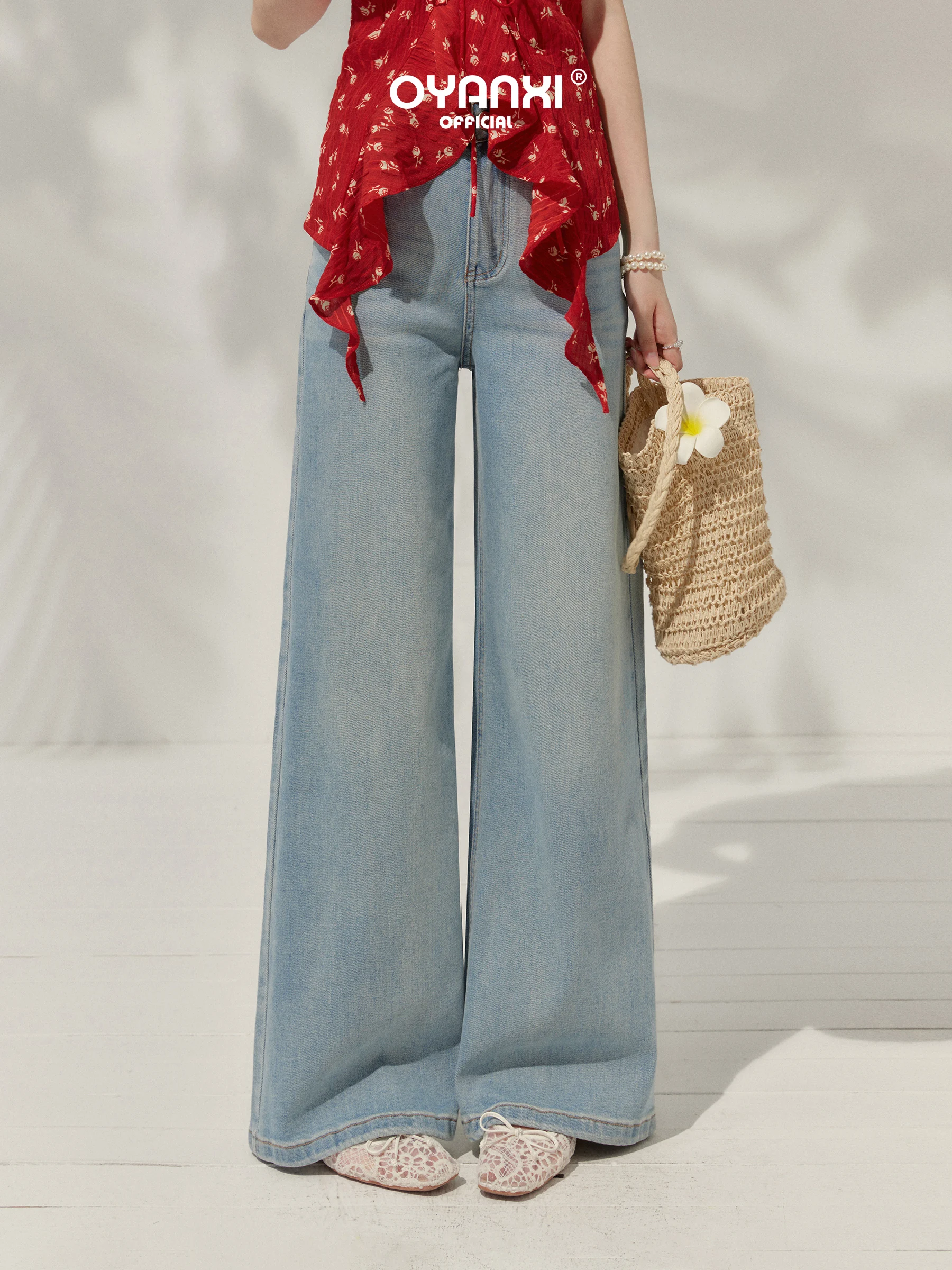 

Washed Vintage Straight Leg Jeans Women's Loose Wide Leg Long Pants Summer High Waist Button Closure High Quality Ladies Jeans