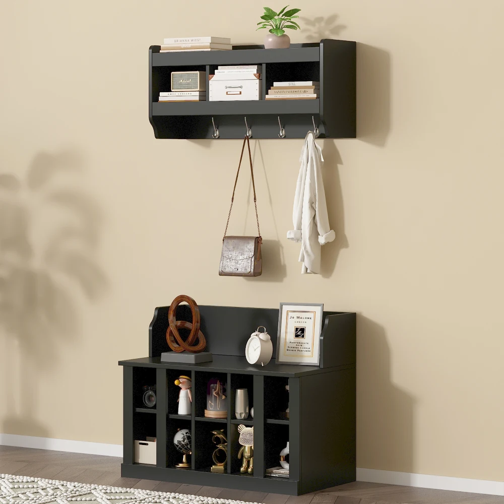 ON-TREND Shoe Storage Bench with Shelves and 4 Hooks, Elegant Hall Tree with Wall Mounted Coat Rack, Entryway Organizer