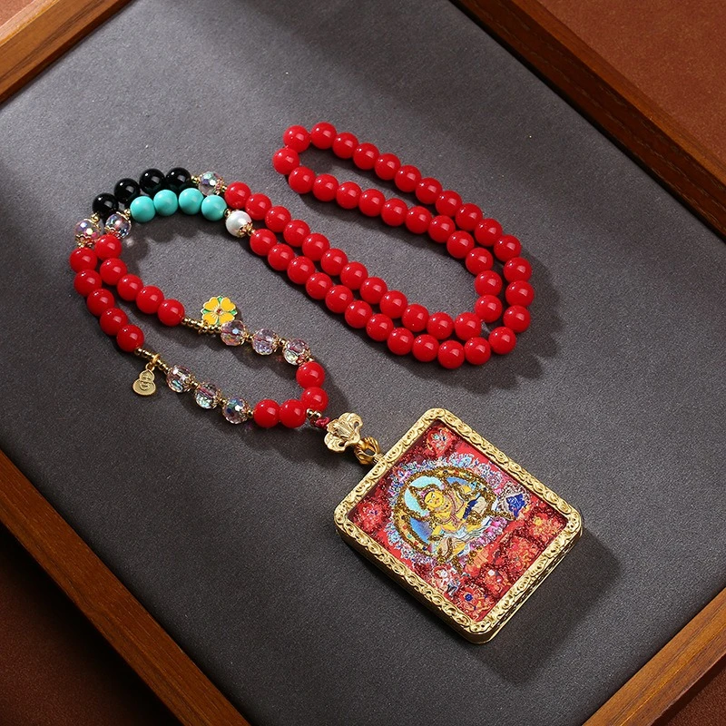 Tibetan cultural ornament, yellow god of wealth, thangka pendant, hanging ornament, glass woven rope, handmade necklace