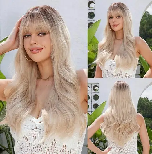 

Platinum Blonde Ombre Brown Long Wavy Synthetic Wigs with Bangs Cosplay Party for Women Afro Lolita Natural Heat Resistant Fiber