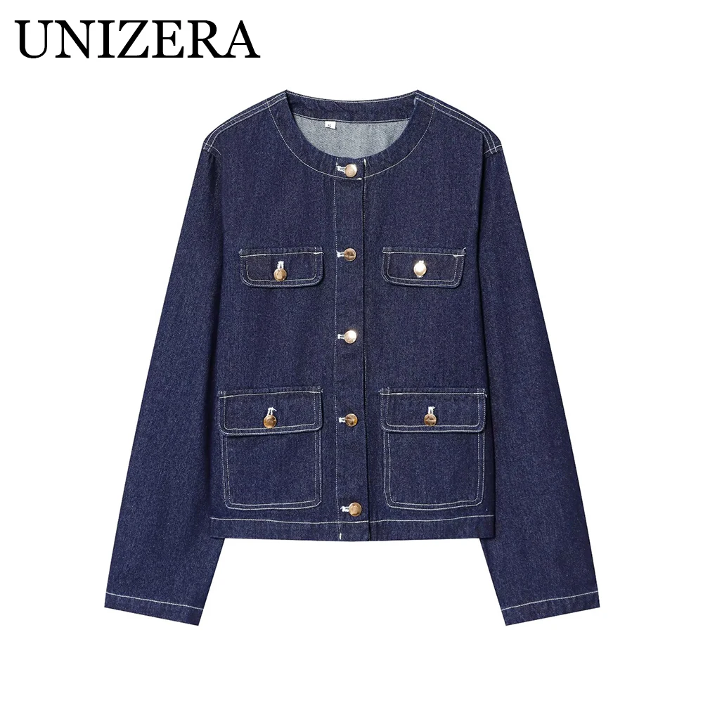 

European and American style autumn new women's commuting versatile design without collar denim jacket