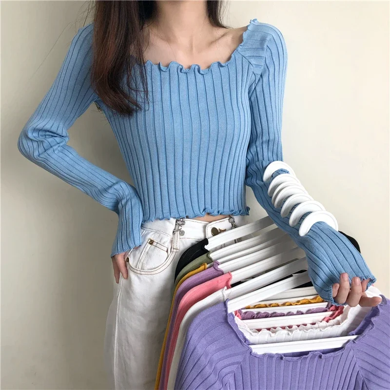 Women\'s Sweater Autumn Winter Fashion Sexy Navel Bare Cropped Tops Chic Wave Edge Casual Lady Knitted Pullover Short Sweaters