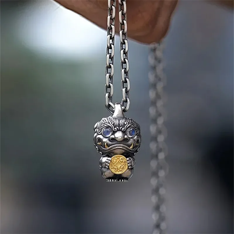 

Ethnic Chinese Style Retro Silver Color Two Color Gold Coins Pixiu Pendant Necklace Men's Domineering Daily Versatile Necklace