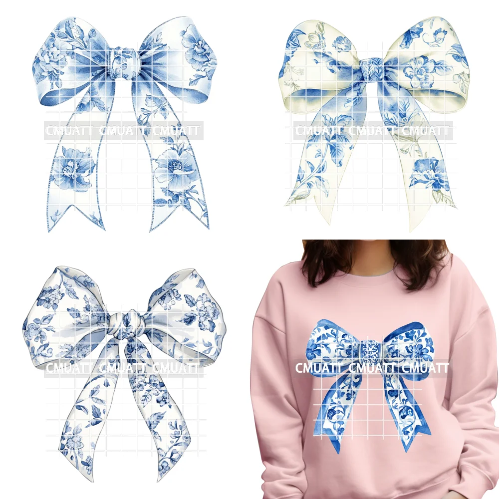

Trendy Romantic Ribbon Blue Toile Chinoiserie Flowers Coquette Bow Iron on DTF Transfers Stickers Ready to Press for T-shirts