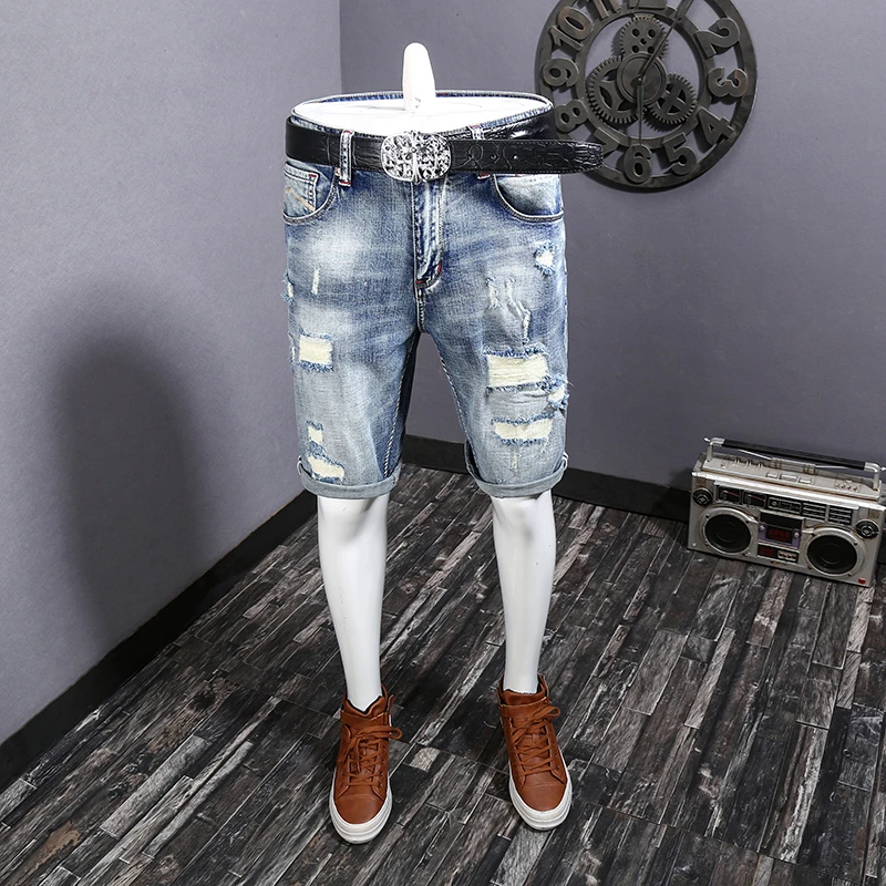 Men's Light Blue Ripped Denim Shorts Street Tide Brand Retro Summer Thin Casual Trendy All-Match Shorts