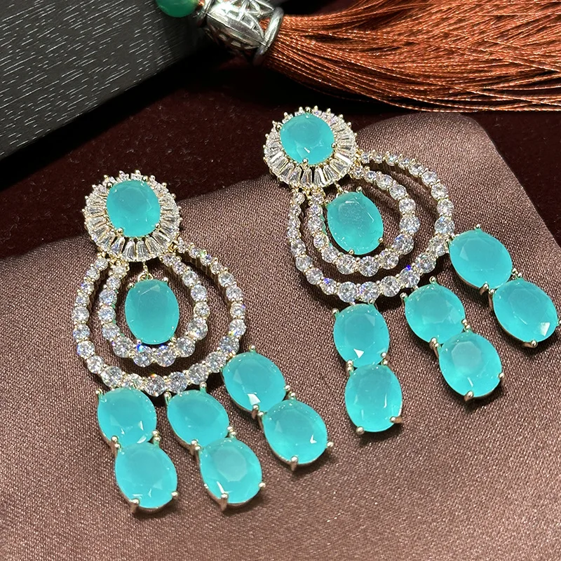 Luxury Oval Blue Green Cubic Zirconia Tassel Dangle Earrings Multi Layer Long Drop Statement Ear Jewelry Daily Wear