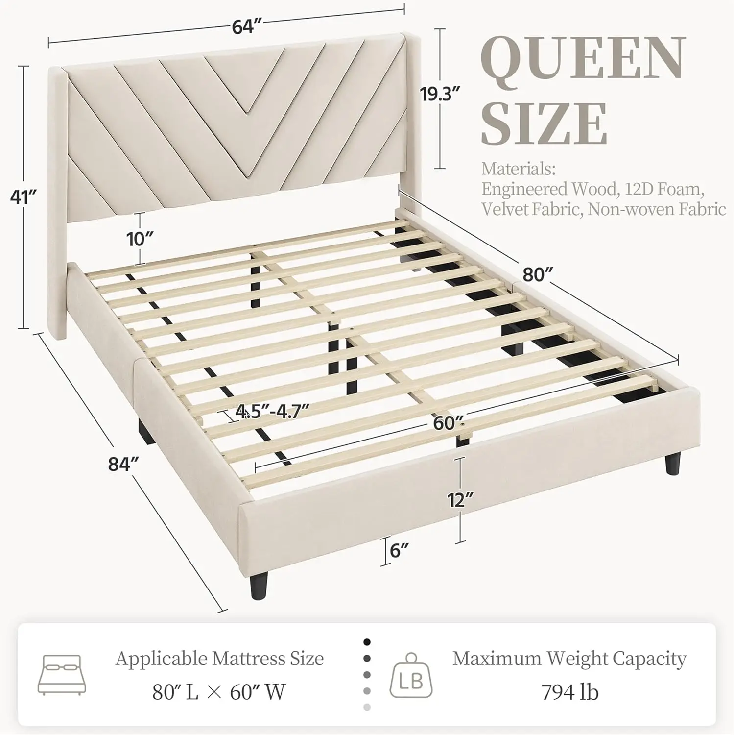 Queen Bed Frame Upholstered Platform Bed with Wing Wing Side/Mattress Foundation/No Box Spring Needed,Beige Queen Bed