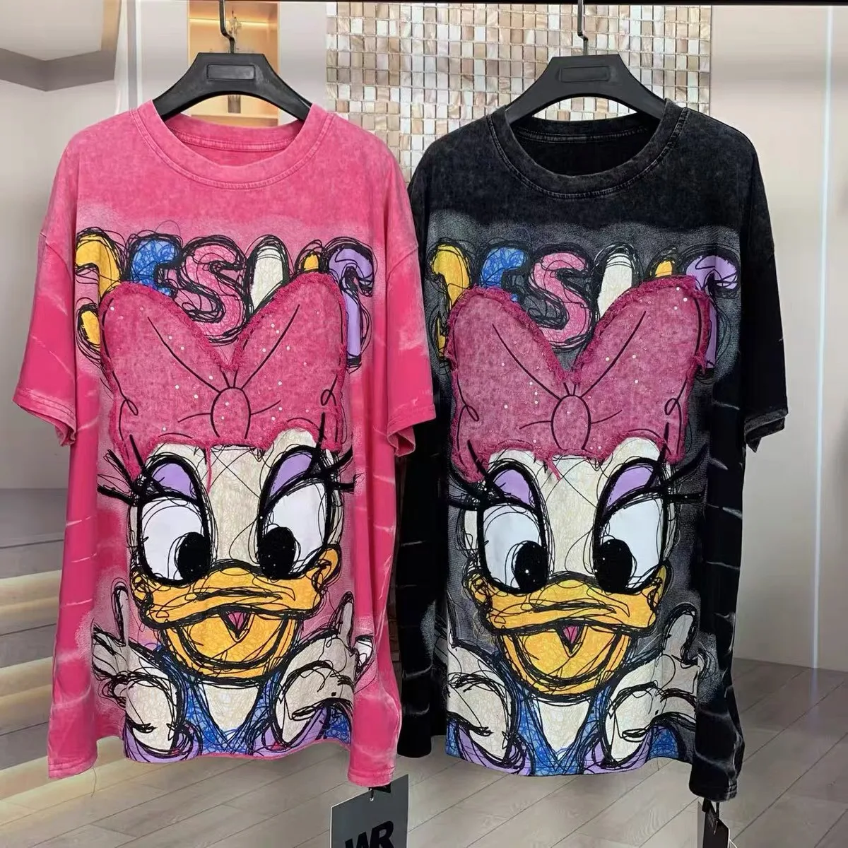 European and American trendy brand new heavy-duty embroidery patch cartoon printed loose short sleeved T-shirt