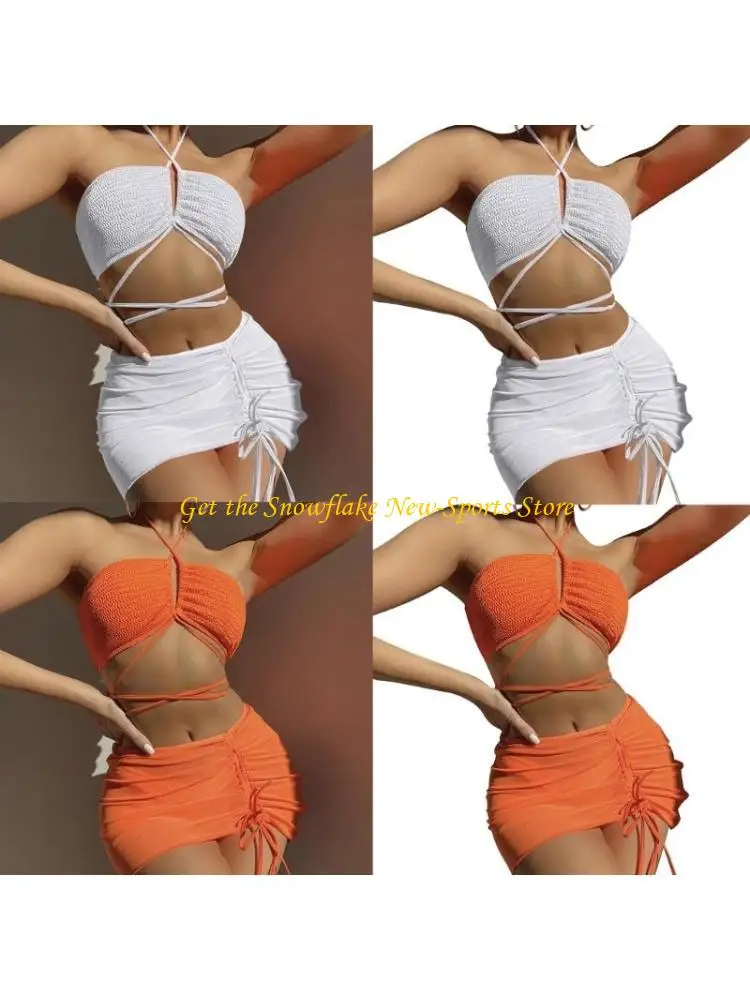 

E56D 3 Pieces Swimsuits for Women Female Bathing Suit with Beach-Skirt