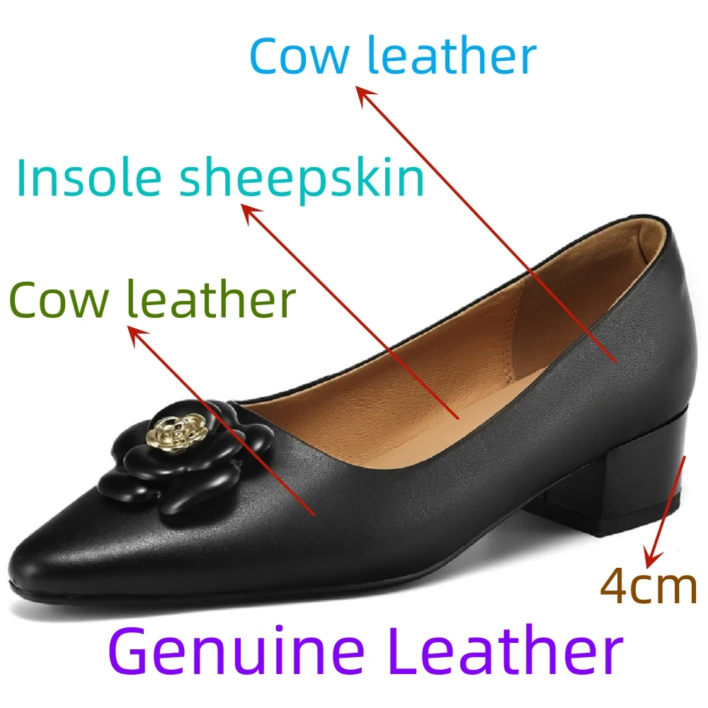 【JOCHEBED Hu】luxury women's Genuine Leather shoes For Ladies Mid Heels flower Buckle 3cm Star Style Ladies Shoes 34-40 image 2