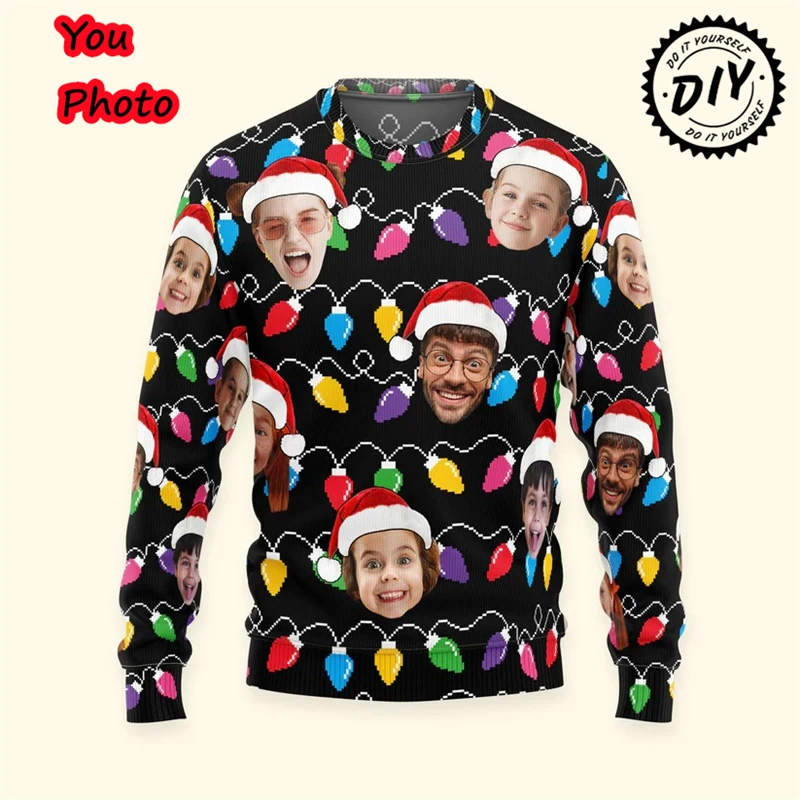 Funny Custom Photo 3D Print Ugly Christmas Sweater For Men Women Clothes Customize Face Diy Image Sweatshirt Gift Tops Sweaters