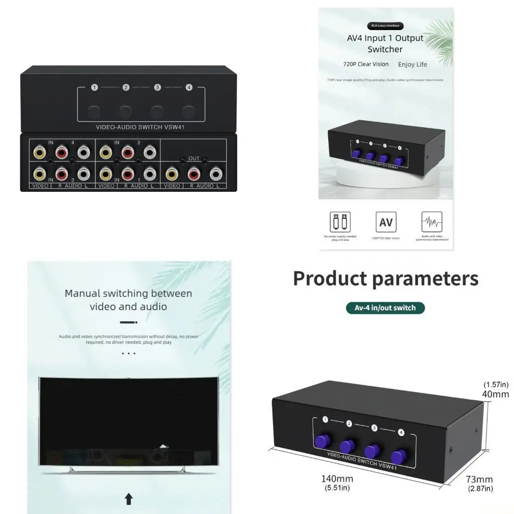 B03F Professional Composite Video L/R Audios Selector Box Metal AV Switcher 1280x720P