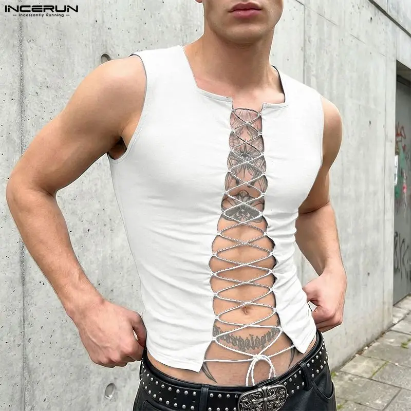 INCERUN Men's Tank Tops Solid Color Sleeveless Hollow Out Lace Up Male Vests Sexy Summer 2026 Party Fashion Men Clothes Tops