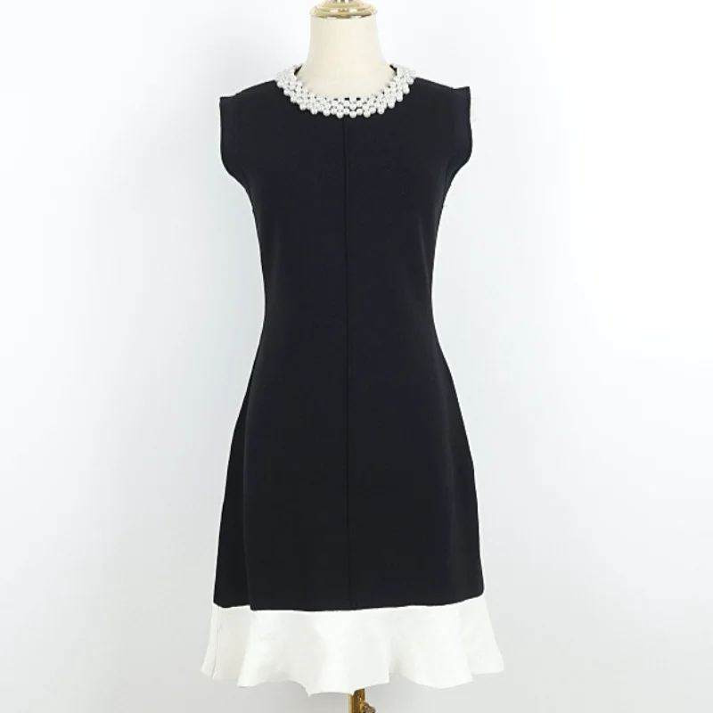 

Black O Neck Pearl Contrast Ruffled Sleeveless Knit Fishtail Dress Women Fashion Sweet Wedding Party Elastic French Short Dress
