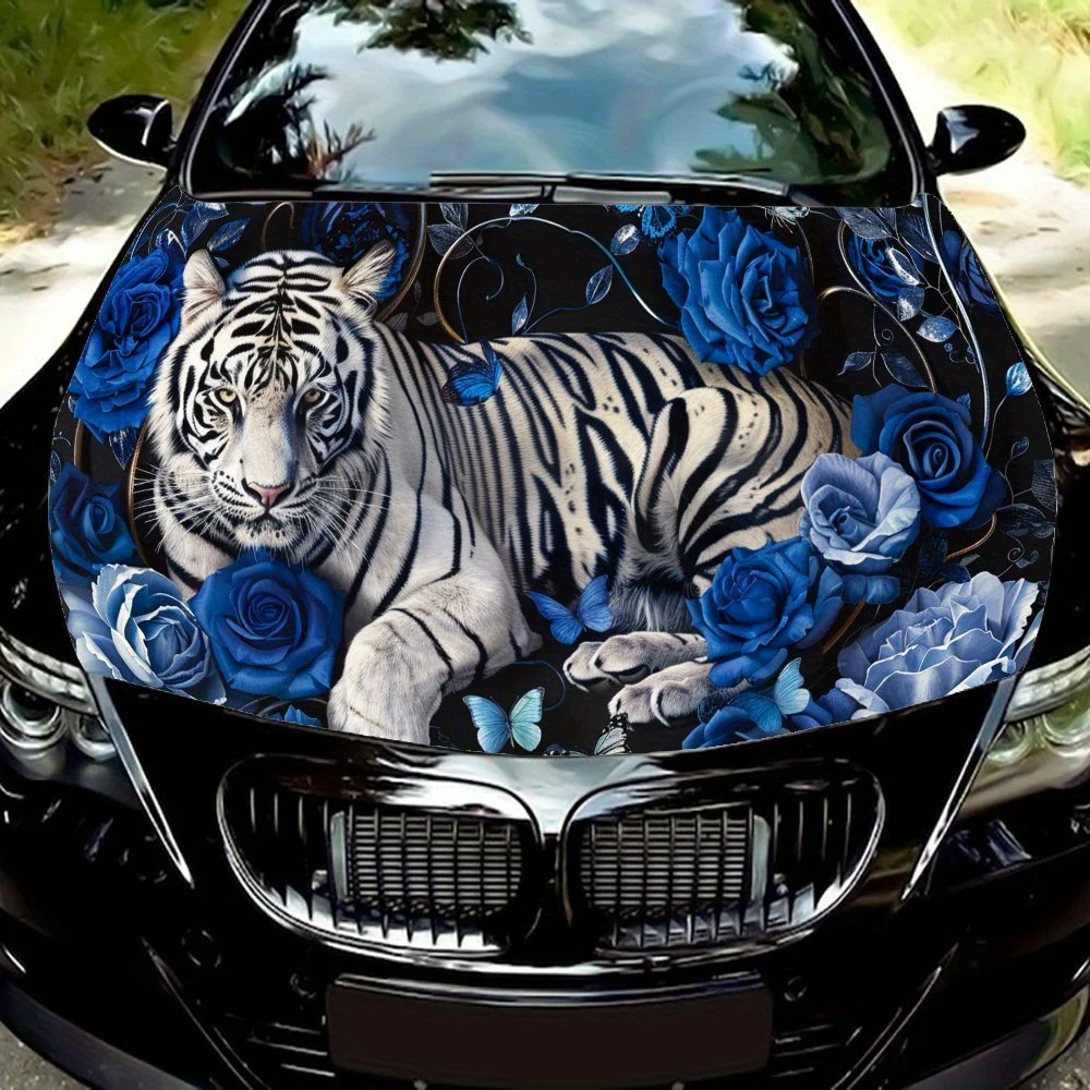 

Dreamy Blue Rose Lying White Tiger Car Vinyl Wrap, PVC Waterproof Car Hood Sticker, Self-Adhesive Scratch-Resistant Stickers for