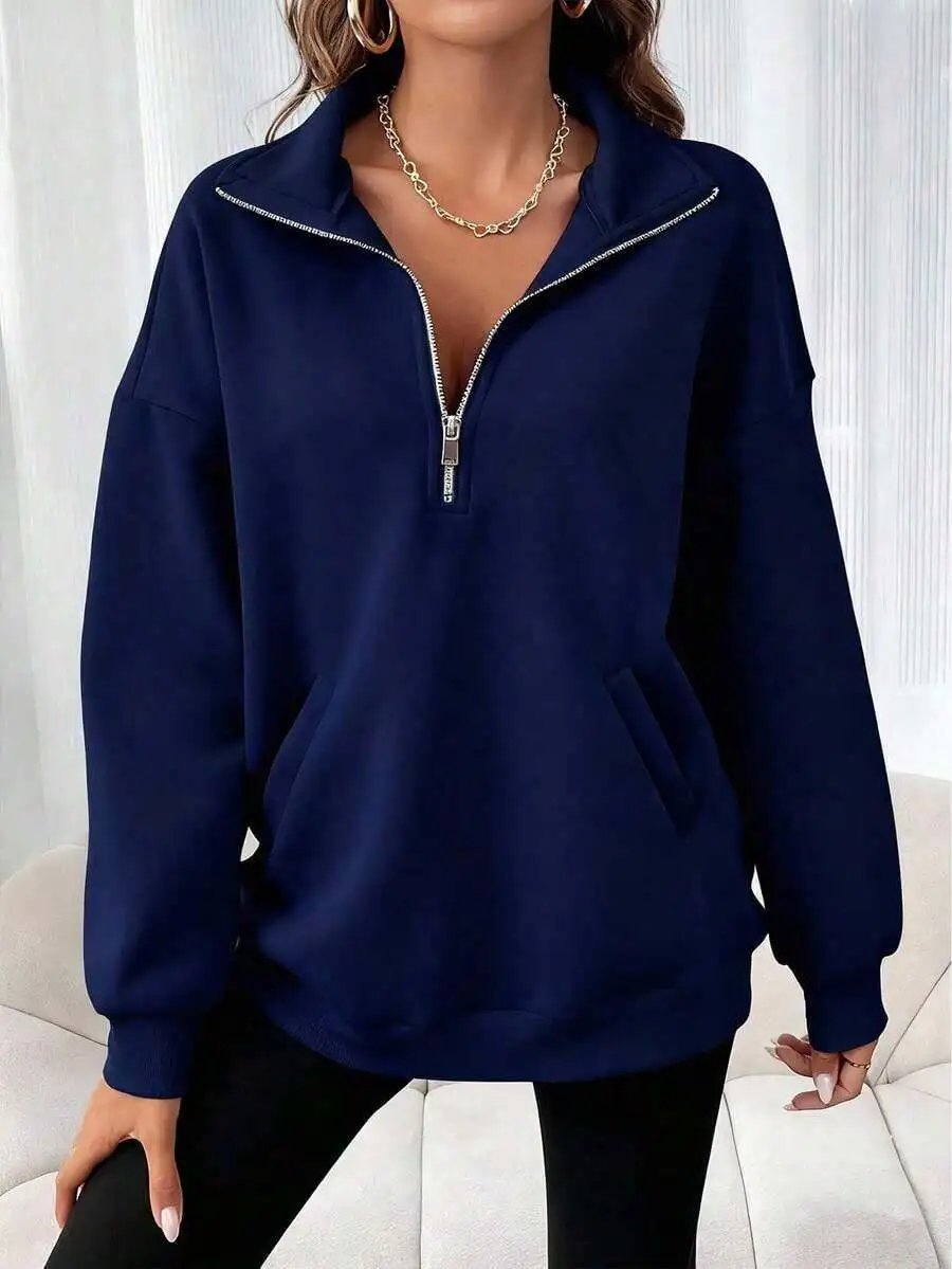 

Womens Solid Color Half-Zip Drop Shoulder Sweatshirt Loose Fit Casual Pullover Fall