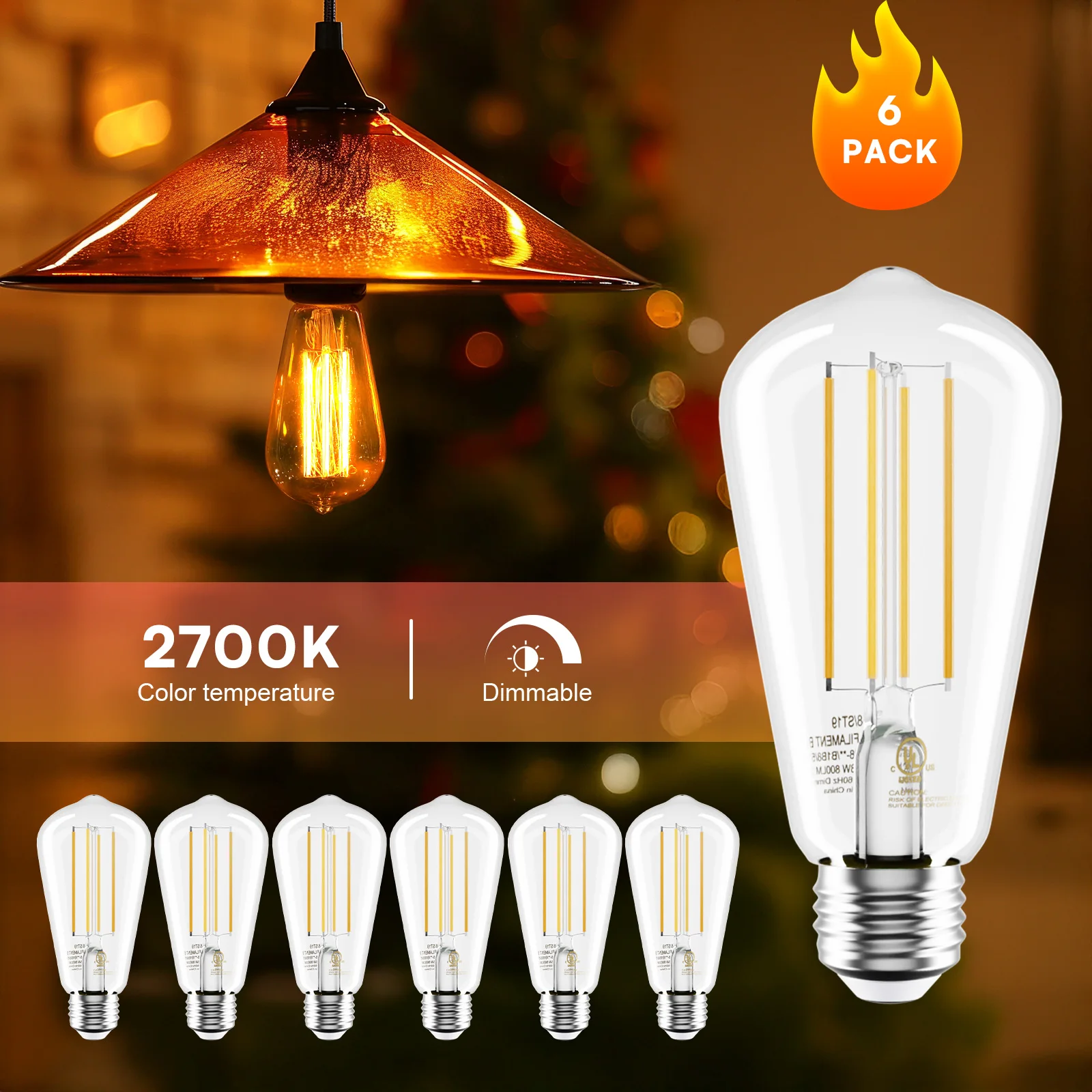 

6 packs of st58 indoor lighting bulbs, 2700k color temperature, cri80+,8w equivalent to 60w, suitable for bedroom, office, study