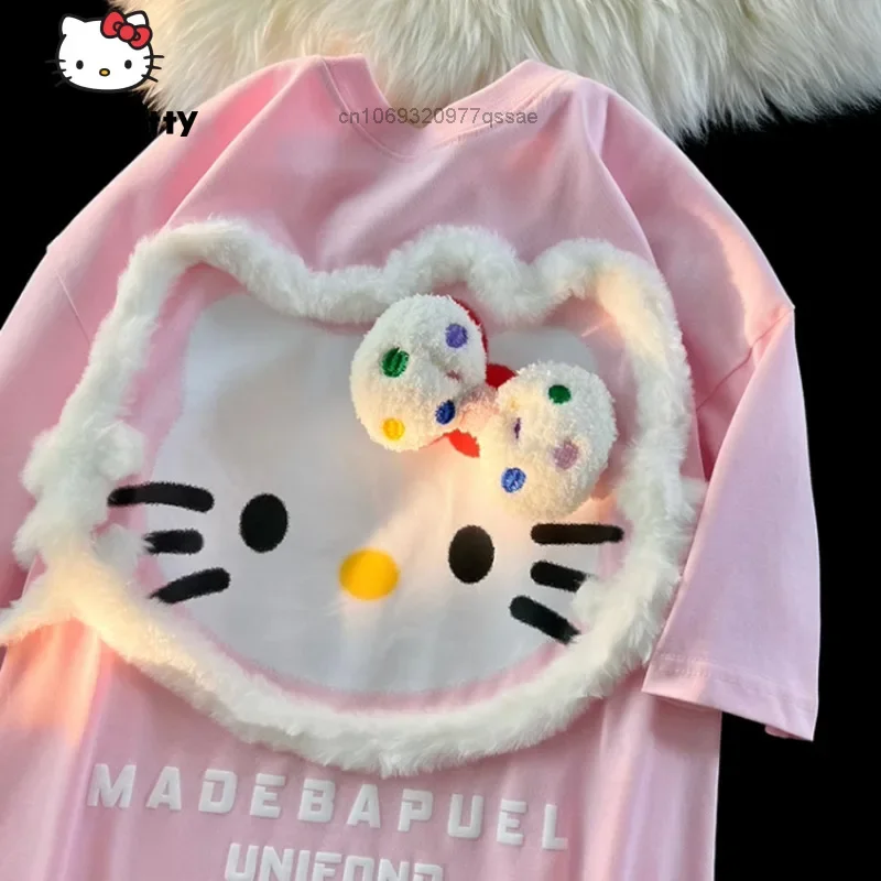 

Милые американские Топы Hello Kitty с вышивкой, Женская Милая футболка с коротким рукавом Y2k Sanrio, новые свободные Дизайнерские повседневные футболки, одежда