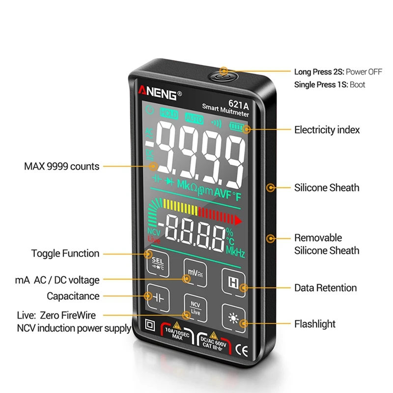 

Big Deal 621A Intelligent Digital Multimeter Touch Screen 9999 Counts Auto Range Rechargeable NCV Universal Meter Voltmeter