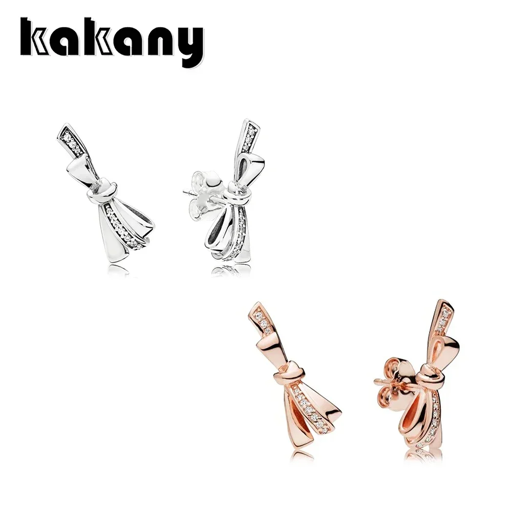 100%925 Sterling Silver Women's Rose Gold Bow Stud Earrings Prom Wedding Original High Quality DIY Fashion Jewelry