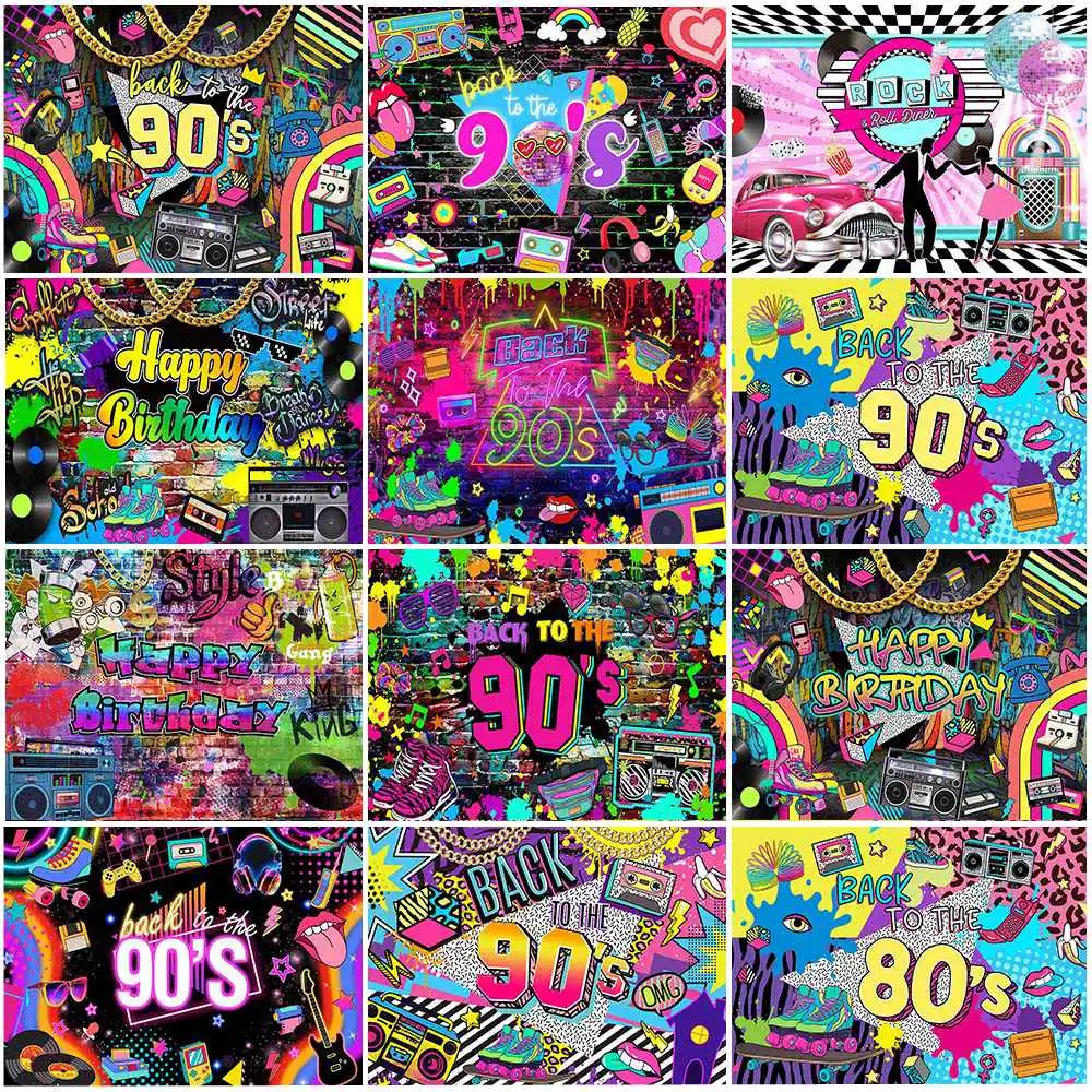 

Mocsicka Back To The 80's 90's Theme Birthday Background Retro Neon Lights Graffiti Hip Hop Child Adult Birthday Party Backdrops