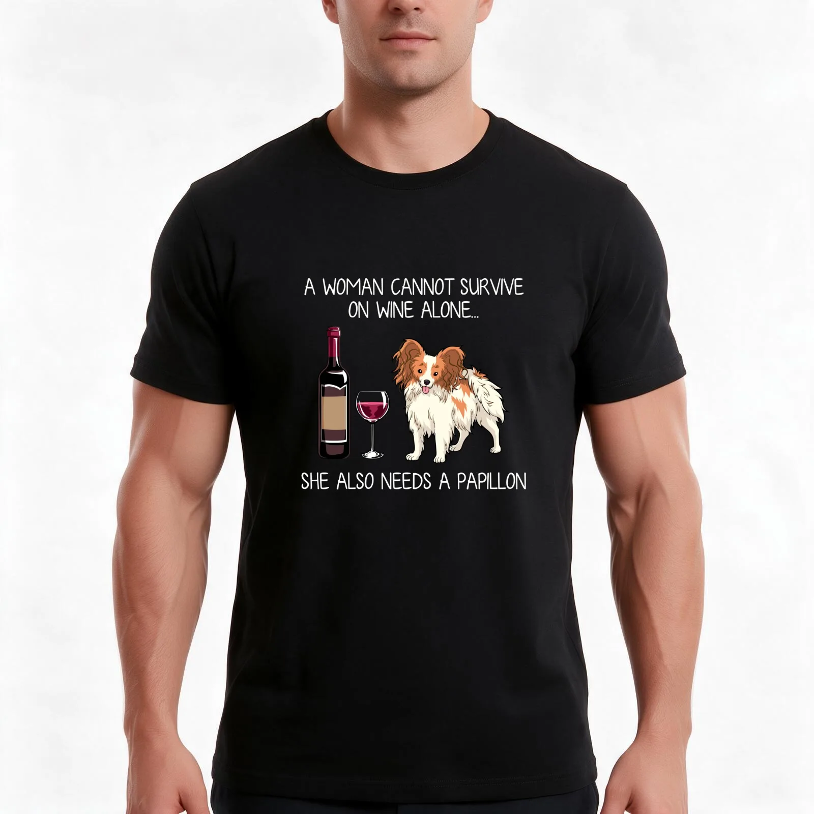 Papillon and wine Funny dog T-Shirt, Summer Casual Cotton Tee, Oversized Streetwear Tops, Vintage Graphic Print, 100% Cotton