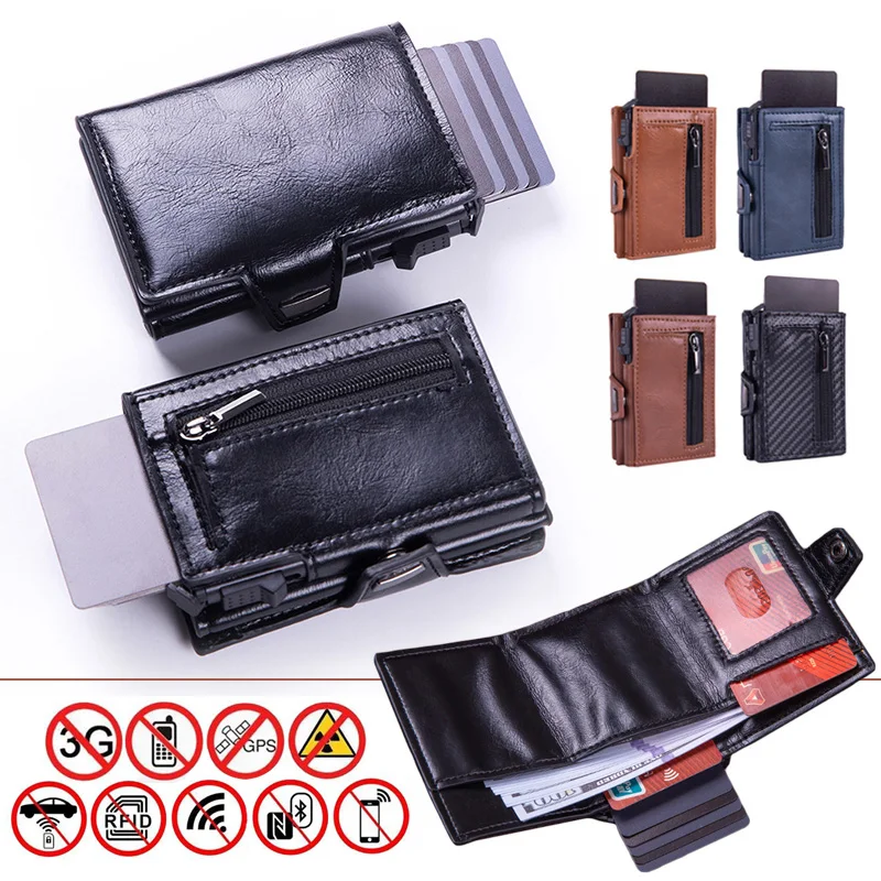 Carbon fiber Automatic Pop Up Men Purse Signal Shielding Bag Faraday Bag ID Credit Card Holder Rfid PU Leather Money Clip