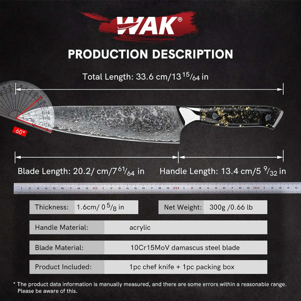 WAK 8\'\' 67 Layers High Carbon VG10 Damascus Steel Blade Chef Knife Kitchen Cooking Tools Creative Full Tange Acrylic Handle