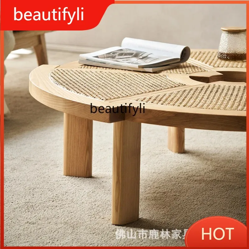 A139 Nordic Solid Wood Rattan Round Coffee Table Creative Personality Japanese Style Rattan Surface Homestay Rattan Furniture