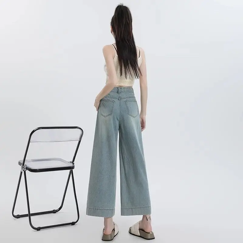 Damska letnia prostota Office Lady Solid Color High Waist Appear Thin Wide Leg Women Clothes Fashion All-match Cropped Pants