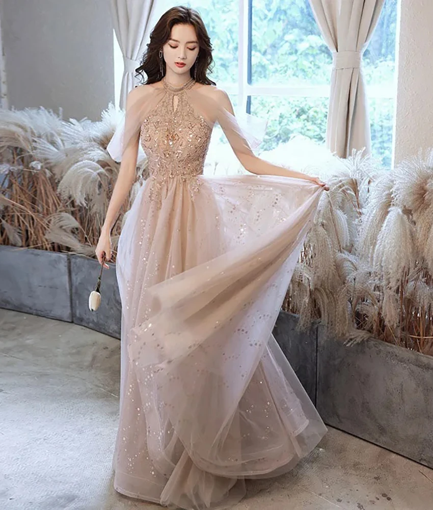 

MCDV Customized Exquisite Tulle A-Line Sequined Beading Evening Dress High Quality Halter Sleeveless Floor Length Prom Gowns