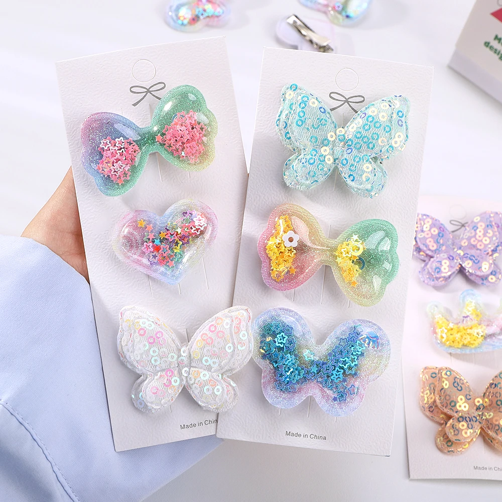 Juego de 3 piezas de lentejuelas para niña, pinzas para el pelo con forma de mariposa y Estrella, horquillas laterales hechas a mano, accesorios