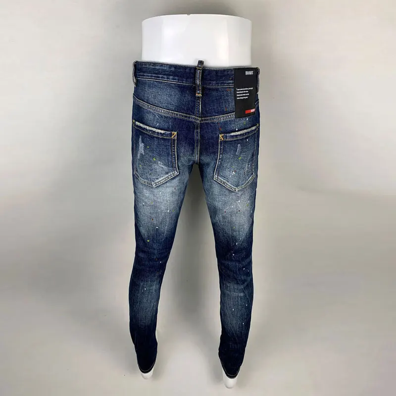 Fashion Streetwear Men Jeans High Quality Retro Blue Stretch Slim Fit Ripped Jeans Men Painted Designer Vintage Brand Pants